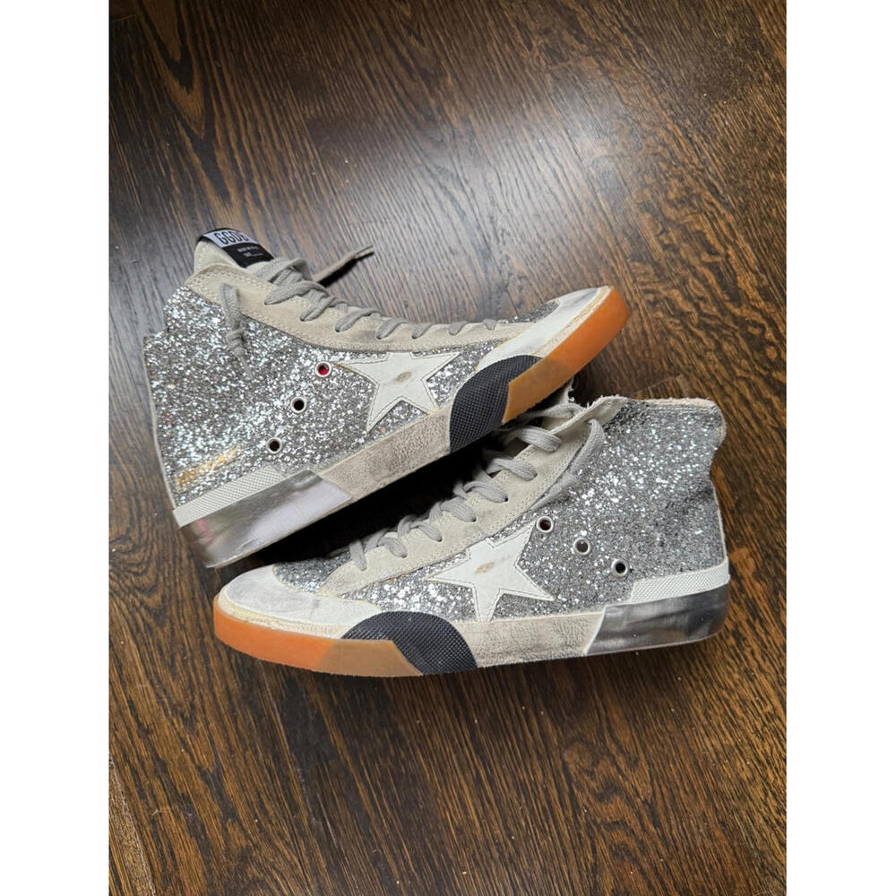 Golden Goose Silver Glitter High-Top Sneakers with Star Detail